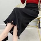 Distressed Straight-fit Midi Knit Skirt