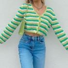 Color Block Striped V-neck Button-up Knit Top