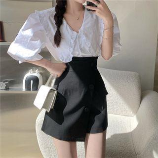 Puff-sleeve Collared Blouse / Asymmetrical Mini A-line Skort