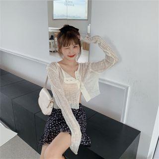 Plain Cardigan / Floral Print Mini Straight-fit Skirt