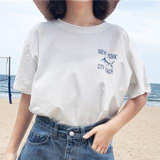 Lettering Shark Print Elbow Sleeve T-shirt