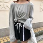 Lettering Long-sleeve Hooded T-shirt / Drawstring Contrast Trim Sweatshorts