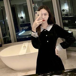Lace Trim Long-sleeve Midi Collared A-line Dress