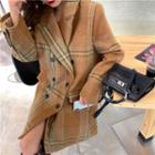 Double-breasted Checker Wool Coat Khaki - One Size