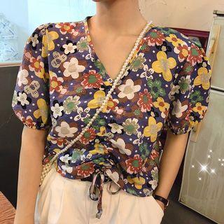 Floral Print Drawstring Short Sleeve Top