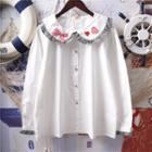 Long-sleeve Plaid Frill Embroidered Collar Shirt White - One Size