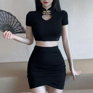 Set: Short-sleeve Keyhole Qipao Top + Mini Skirt