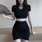 Set: Short-sleeve Keyhole Qipao Top + Mini Skirt