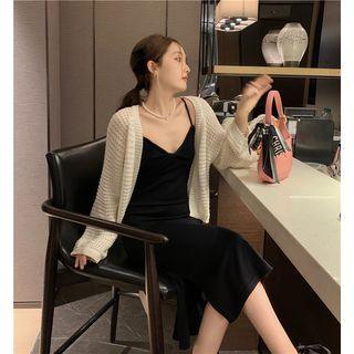 V-neck Plain Knit Dress Black - One Size