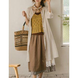 Elbow-sleeve Lace-trim Shirtdress