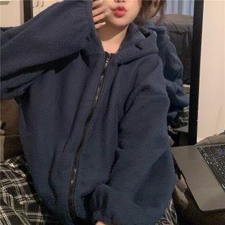 Plain Fleece Long-sleeve Hooded Jacket Blue - One Size
