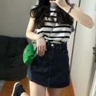 Sleeveless Striped Top / Denim A-line Skort