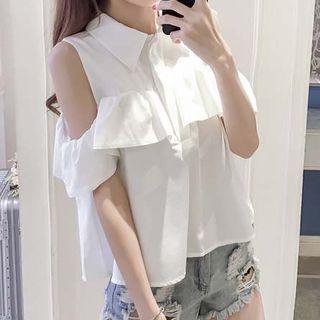 Frilled Open Shoulder Short-sleeve Blouse