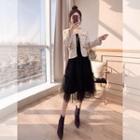 Set: Mesh Panel Spaghetti Strap Layered Dress + Tweed Jacket