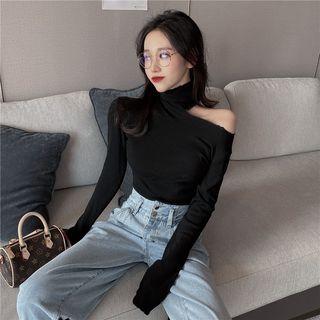 Long-sleeve Mock Two Piece Asymmetric Shoulder Plain Top