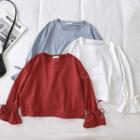 Plain Lace-up Flare-sleeve Loose-fit Long-sleeve Top