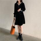 Long-sleeve Mini A-line Velvet Dress Black - One Size