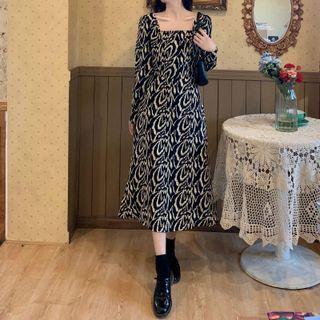 Puff-sleeve Square-neck Patterned Midi A-line Dress