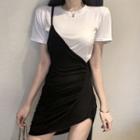 Set: Short-sleeve T-shirt + Spaghetti Strap Asymmetric Mini Fitted Dress