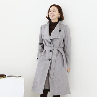 Single-breasted Herringbone Coat With Sash
