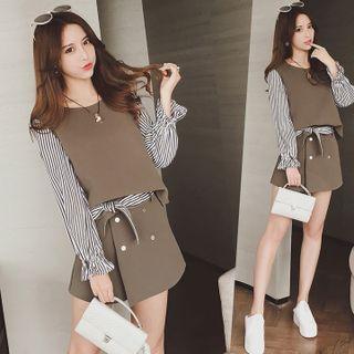 Set: Mock Two-piece Striped Blouse + A-line Skirt