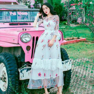 Floral Embroidered Bell-sleeve Tie-waist Panel Mesh Dress