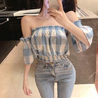 Off-shoulder Checked Short-sleeve Top