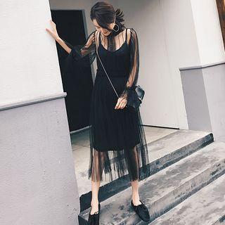 Set: Mesh Long-sleeve Midi Dress + Strappy Dress