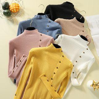 Mock-turtleneck Buttoned Ribbed Sweater