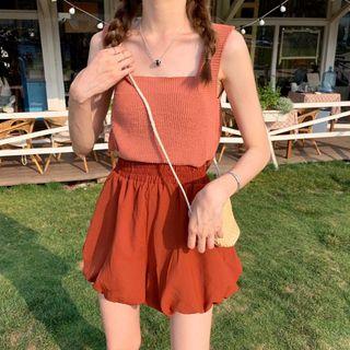 Square Neck Knit Tank Top / Elastic Waist Shorts