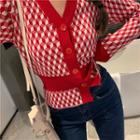 V-neck Patterned Cardigan Plaid - Red & White - One Size