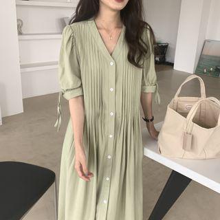 Short-sleeve Pleated Drawstring Single Breasted Dress