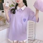 Heart Embroidered Elbow-sleeve Polo Shirt