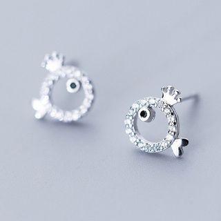 925 Sterling Silver Rhinestone Fish Stud Earring 1 Pair - As Shown In Figure - One Size