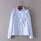 Frill Trim Long-sleeved Stand Collar Open-front Striped Blouse
