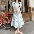 Puff-sleeve Floral Bow Midi A-line Dress