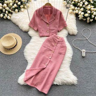 Set: Short-sleeve Blazer + Slit Midi Pencil Skirt