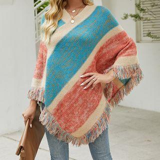 V-neck Striped Fringed Knit Cape