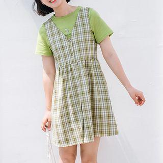V-neck Gingham Tank Dress