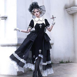 Puff-sleeve Crisscross Print A-line Lolita Dress / A-line Skirt / Set