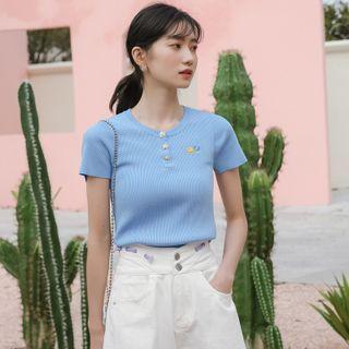 Short-sleeve Flower Embroidered Knit Crop Top