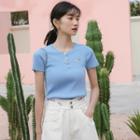 Short-sleeve Flower Embroidered Knit Crop Top