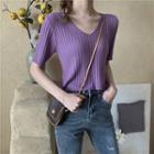 Short-sleeve Plain Knitted Cropped Top
