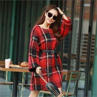 Plaid Loose-fit Napped T-shirt Dress