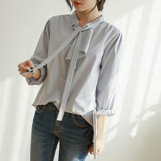 Mandarin-collar Beribboned Blouse