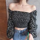 Long-sleeve Floral Print Shirred Top Dotted - Black - One Size