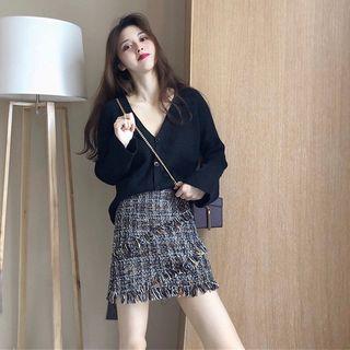 Set: V-neck Cardigan + Mini Tweed Skirt