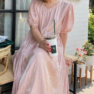 Round Neck Ruched Puff Short Sleeve Dress