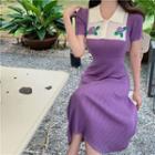 Short-sleeve Floral Jacquard Knit Dress Purple - One Size