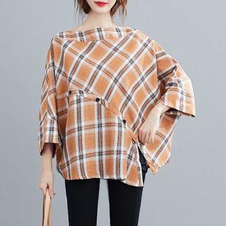 3/4-sleeve Plaid Blouse As Shown In Figure - One Size